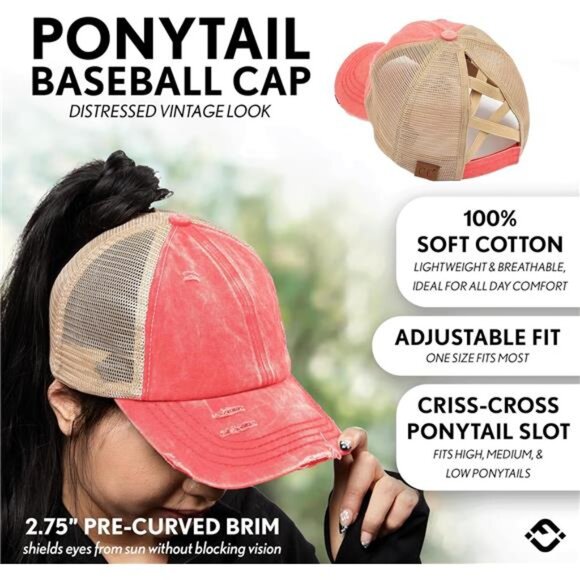 Womens Ponytail Baseball Cap Adjustable Hat High Bun Messy Bun Criss Cross Back - Picture 2 of 7